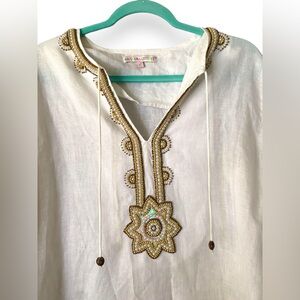Barbara Gerwit white beaded tunic women’s size L 100% linen fairy